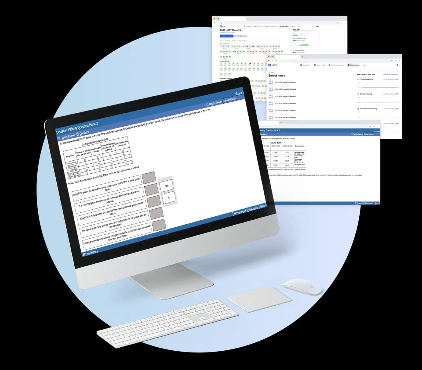 Austin Education online UCAT mock exam and score dashboard shown on a desktop screen